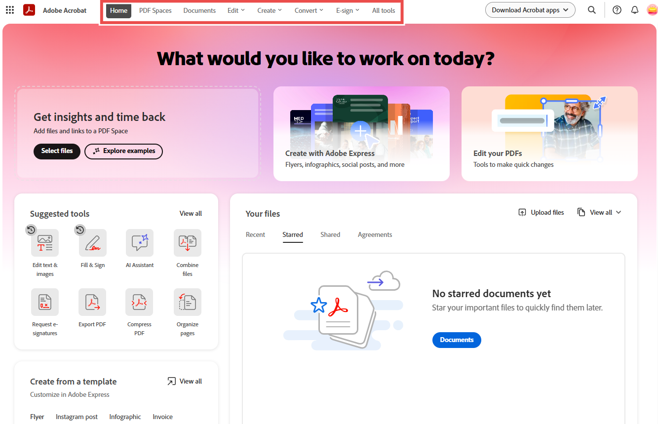 Adobe Acrobat Pro's web interface features a top navigation bar.