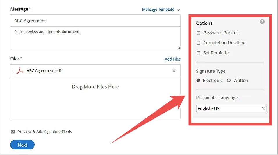 Adobe Acrobat's agreement interface offers message customization, file management, security options, signature preferences, and language settings for document signing workflows.