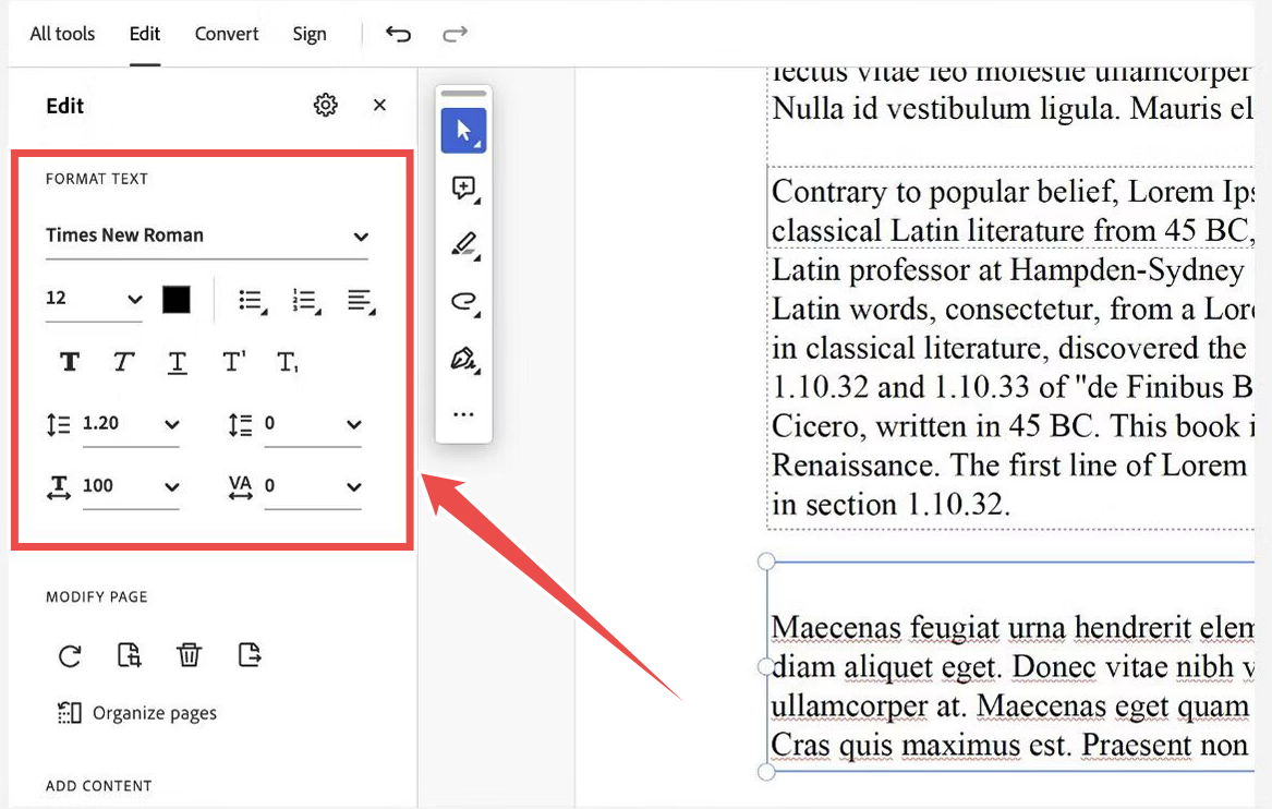 Text formatting panel displays font settings, alignment options, and numerical input fields, alongside a vertical toolbar and document content.