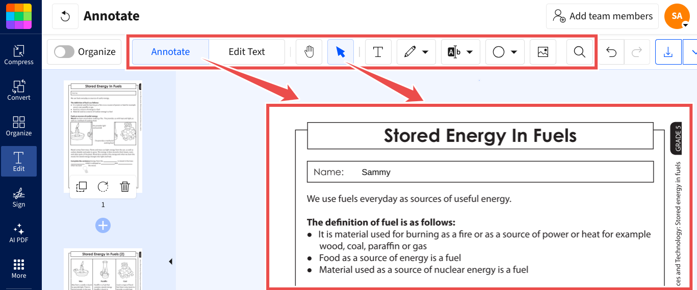 Annotate documents in Smallpdf with features for highlighting, drawing, adding text, and inserting shapes.