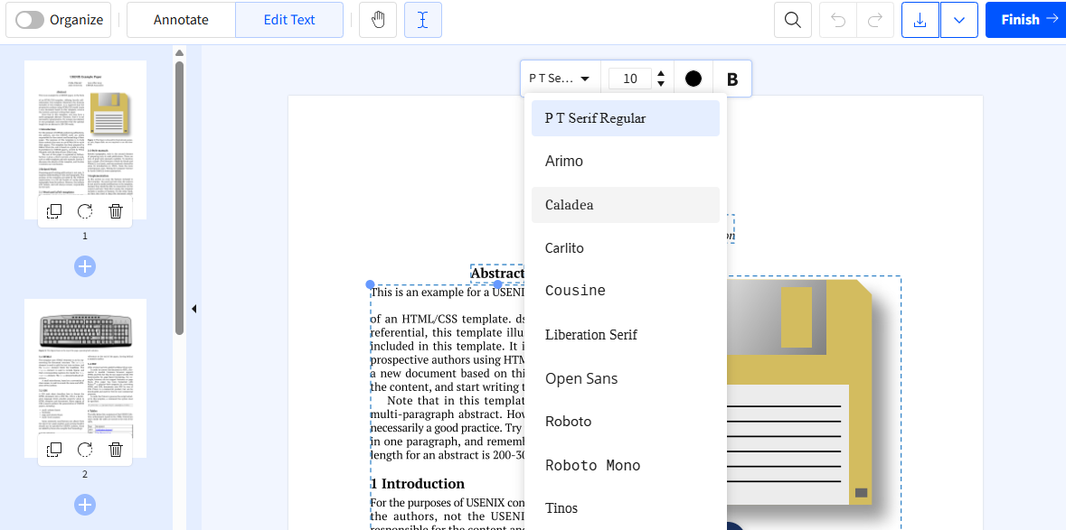Smallpdf’s text editing tool allows users to directly modify text, change fonts, and apply formatting to their documents.
