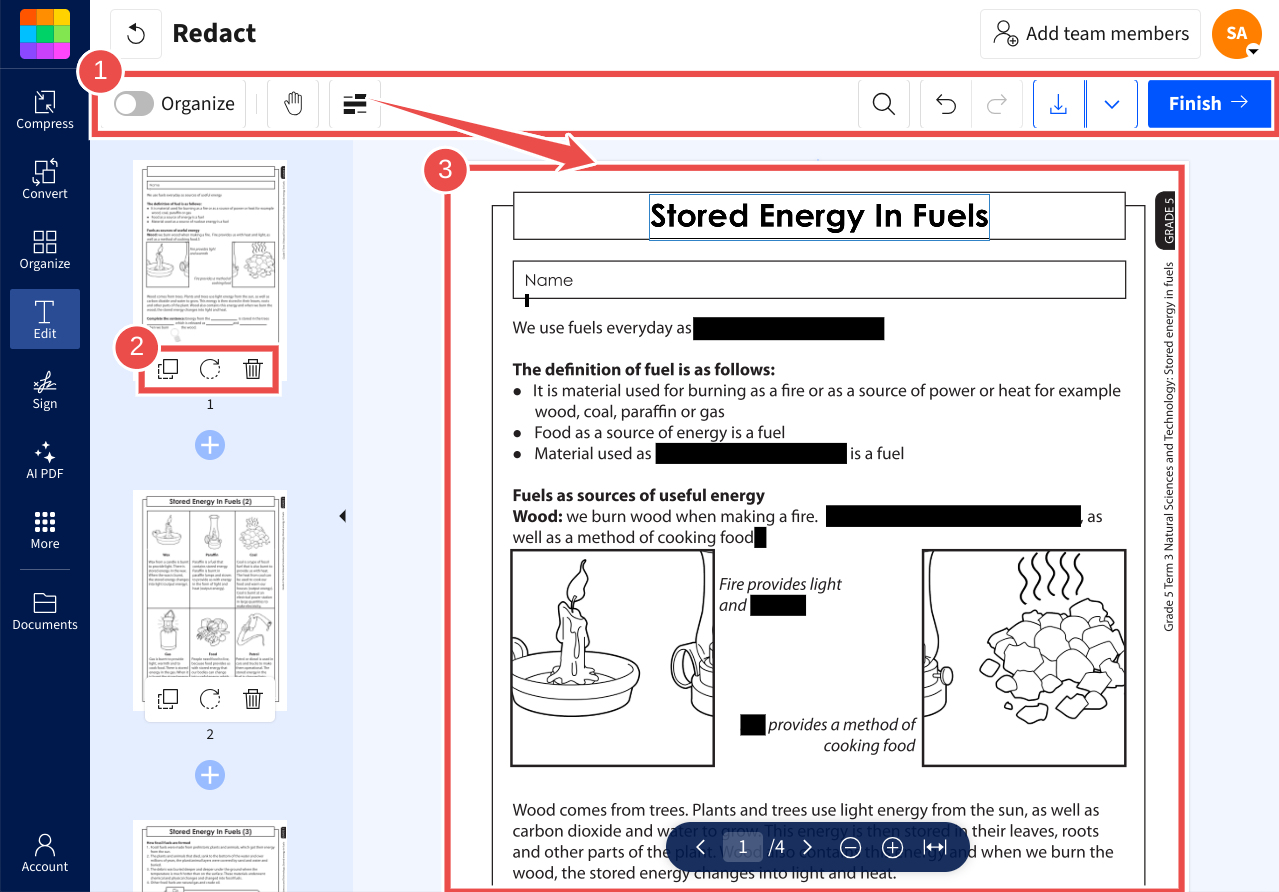 Smallpdf's Redact feature highlights the document preview with sensitive information redacted, along with page organization tools and a confirmation button.